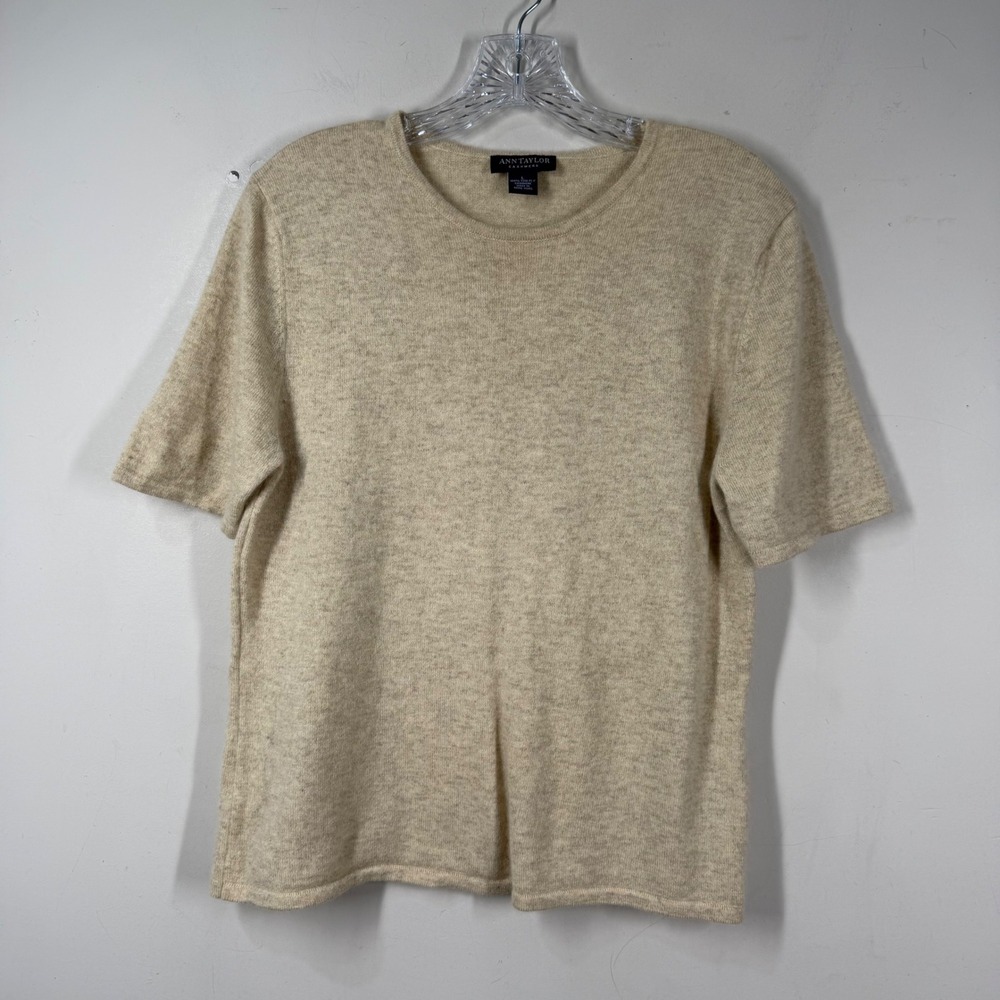 Vtg Ann Taylor Cashmere Short Sleeve Sweater Oatmeal Heather Crew Neck Size L